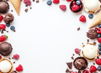 colorful ice cream with berries and chocolate in waffle cones, top view on white background