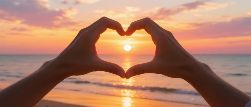Hands Forming a Heart Shape Against a Sunset Over the Ocean