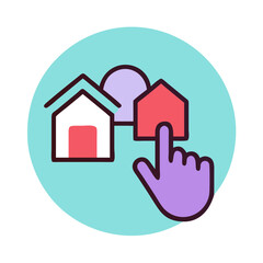 Obraz premium Hand selecting red house icon among graphic shapes on teal background 