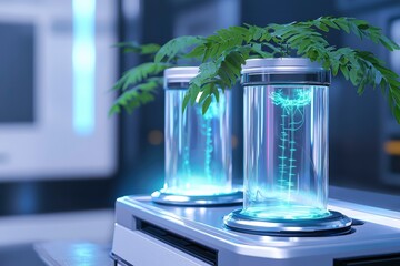 Transparent containers housing glowing botanical specimens under soft blue lights