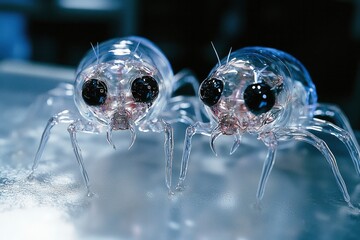 Translucent futuristic insect like robots with large black eyes glistening in the light