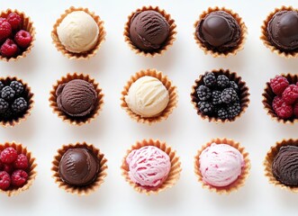 colorful ice cream with berries and chocolate in waffle cones, top view on white background
