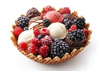 colorful ice cream with berries and chocolate in waffle cones, top view on white background