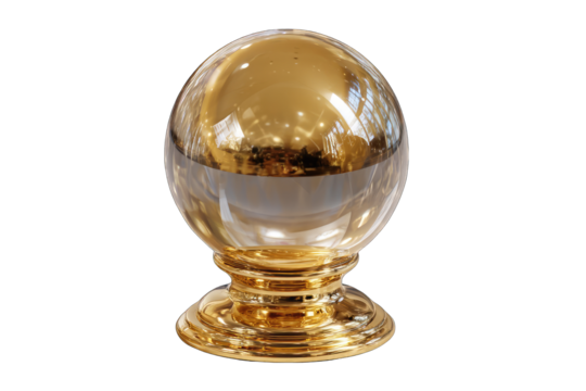 A gleaming, gold sphere sits atop a matching pedestal, reflecting light and showcasing a polished, metallic surface.  The sphere's reflectivity is striking
