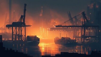 Fototapeta premium Nocturnal Harbor: A Symphony of Cargo and Cranes