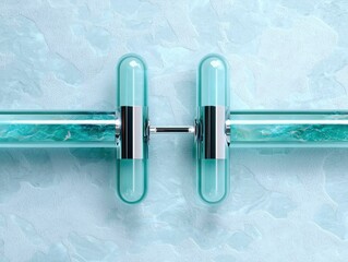 Two transparent capsules connected by a metal rod against a textured icy blue background