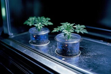 Two small plants growing in clear containers under artificial light
