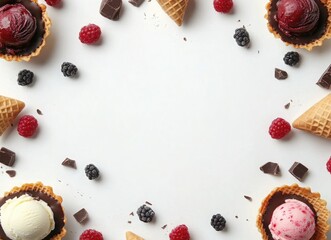 colorful ice cream with berries and chocolate in waffle cones, top view on white background