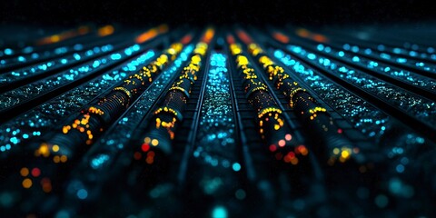 Vividly illuminated circuit pathways resemble a futuristic cityscape at night