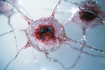 A close up depiction of a neuron with intricate connections and glowing synapses