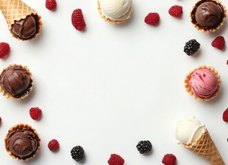 colorful ice cream with berries and chocolate in waffle cones, top view on white background