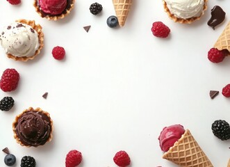 colorful ice cream with berries and chocolate in waffle cones, top view on white background