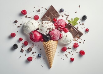 colorful ice cream with berries and chocolate in waffle cones, top view on white background
