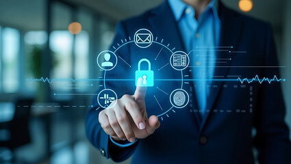 Cybersecurity Expert Using Futuristic Interface with Multi-Factor Authentication Icons – Secure Login Technology Concept

