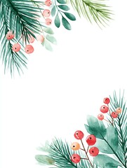 watercolor forest foliage border with pine branches and wild berries, nature inspired soft edge frame, minimal white background