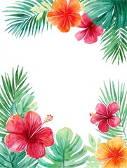watercolor tropical floral border with hibiscus, monstera and palm leaves, summer jungle vibes, vibrant frame design