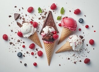 colorful ice cream with berries and chocolate in waffle cones, top view on white background