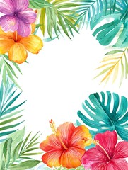 watercolor tropical floral border with hibiscus, monstera and palm leaves, summer jungle vibes, vibrant frame design