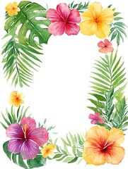 watercolor tropical floral border with hibiscus, monstera and palm leaves, summer jungle vibes, vibrant frame design