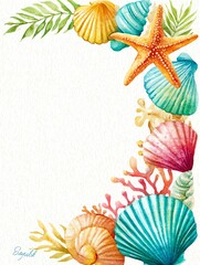 watercolor sea life border with starfish, seashells, and ocean coral in pastel tones, coastal themed blank center frame