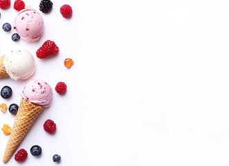 colorful ice cream with berries and chocolate in waffle cones, top view on white background