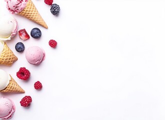 colorful ice cream with berries and chocolate in waffle cones, top view on white background