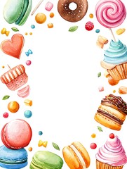 watercolor dessert border with cupcakes, macarons, donuts and candy, sweet pastel treats frame with white space center