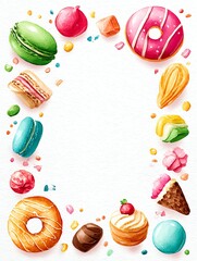watercolor dessert border with cupcakes, macarons, donuts and candy, sweet pastel treats frame with white space center