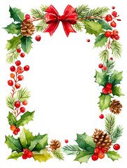 watercolor Christmas border with holly, pine cones, mistletoe and red ribbons, festive holiday frame on white background