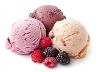 colorful ice cream with berries and chocolate in waffle cones, top view on white background