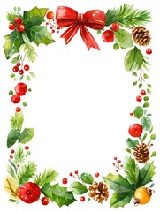watercolor Christmas border with holly, pine cones, mistletoe and red ribbons, festive holiday frame on white background