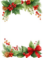watercolor Christmas border with holly, pine cones, mistletoe and red ribbons, festive holiday frame on white background