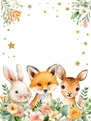 watercolor baby animal border with bunnies, foxes, and deer, pastel flowers and stars, cute nursery illustration style