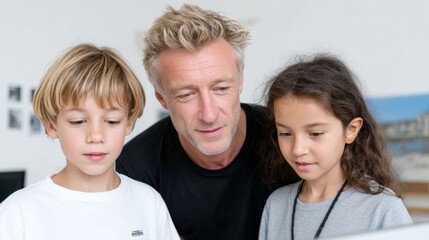 Man and two children are looking at a computer screen. The man is wearing a black shirt and the children are wearing white shirts. Scene is one of learning and bonding