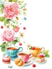 watercolor tea time border with teacups, roses, pastries and vintage lace, romantic cozy illustration