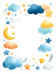 watercolor celestial border with stars, moons, and clouds, soft dreamy night sky theme with blank white center