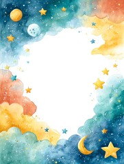 watercolor celestial border with stars, moons, and clouds, soft dreamy night sky theme with blank white center
