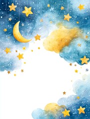 watercolor celestial border with stars, moons, and clouds, soft dreamy night sky theme with blank white center