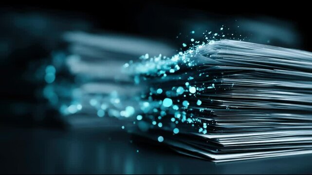 a stack of documents with glowing digital particles, representing an AI algorithm forming from data and research. Ideal for use in presentations, tech content. – Motion Graphic Version