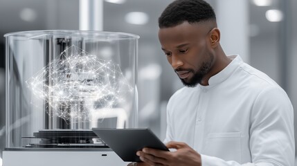 African American scientist in a lab coat using a tablet to control a 3D printer, generating a digital brain interface and highlighting innovation in biotechnology and AI