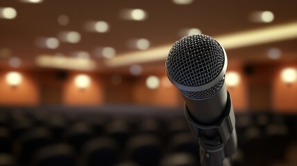 A modern black microphone in focus, standing in front of a blurry audience at a formal business conference, with soft lighting giving a professional tone.