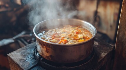 Steaming Hot Vegetable Soup in Rustic Setting