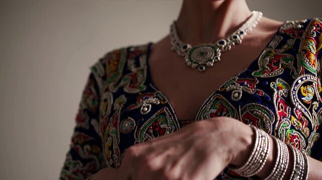 Exquisite Adornment: Captivating detail of intricate embroidery and dazzling jewelry accentuates a vision of poise and grace. A tapestry of artistry unfolds.