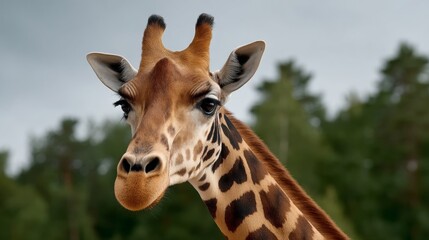 Fototapeta premium Giraffe with a long neck and brown spots is looking at the camera. The image has a calm and peaceful mood, as the giraffe appears to be in its natural habitat