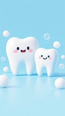 Two Cute Cartoon Teeth with Cheeky Smiles and Bubbles
