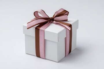 Obraz premium White gift box tied with pink and brown ribbon