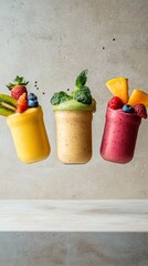 Three fruit smoothies floating above a kitchen countertop.