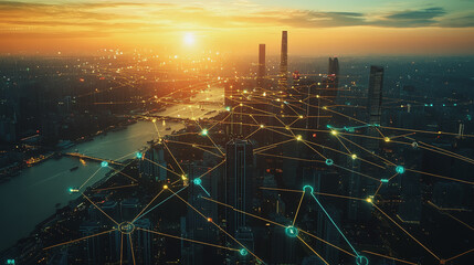 Fototapeta premium Smart city with connection network reciprocity over the cityscape social media networking systems that connects on the peak of success amid tall, innovative Smart city and graphs with statistics