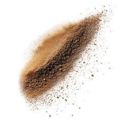 A small amount of sand flying, against a white background, from a top-down angle, in high-resolution photography