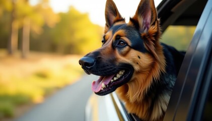Happy German Shepherd, head out car window, windswept fur, car, doggy